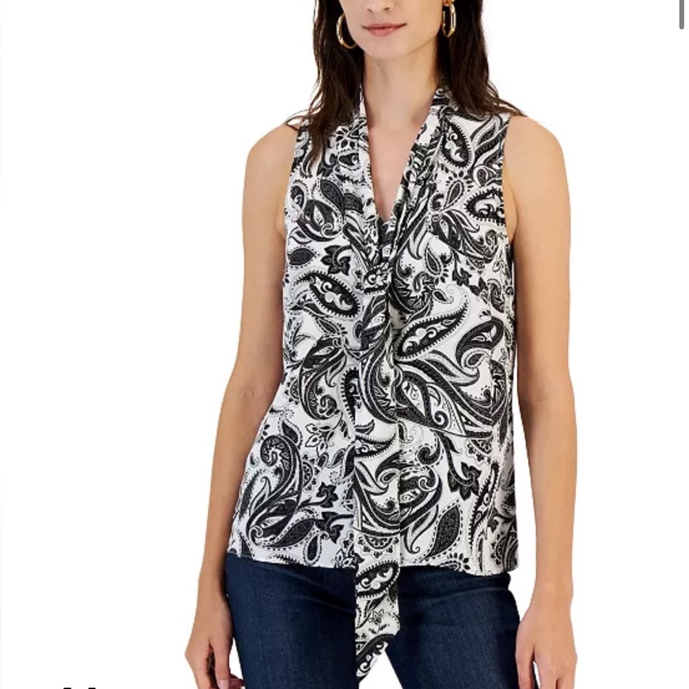 INC SLEEVELESS PAISLEY TIE NECK TOP